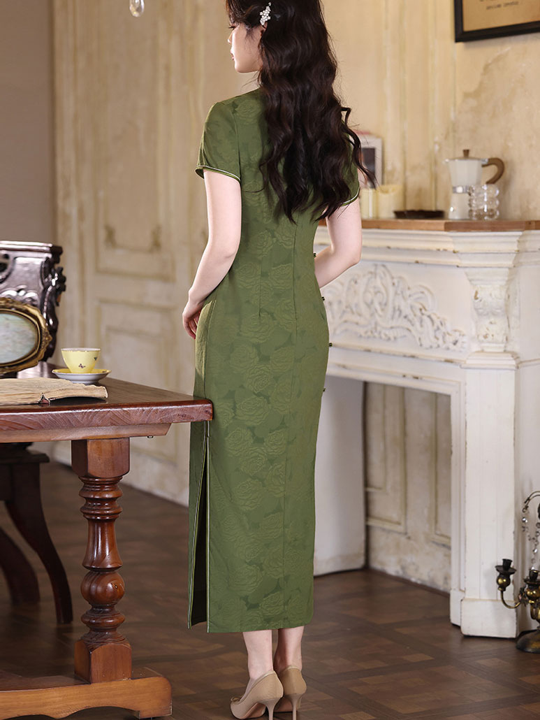 Green Red Floral Maxi Cheongsam Qipao Dress