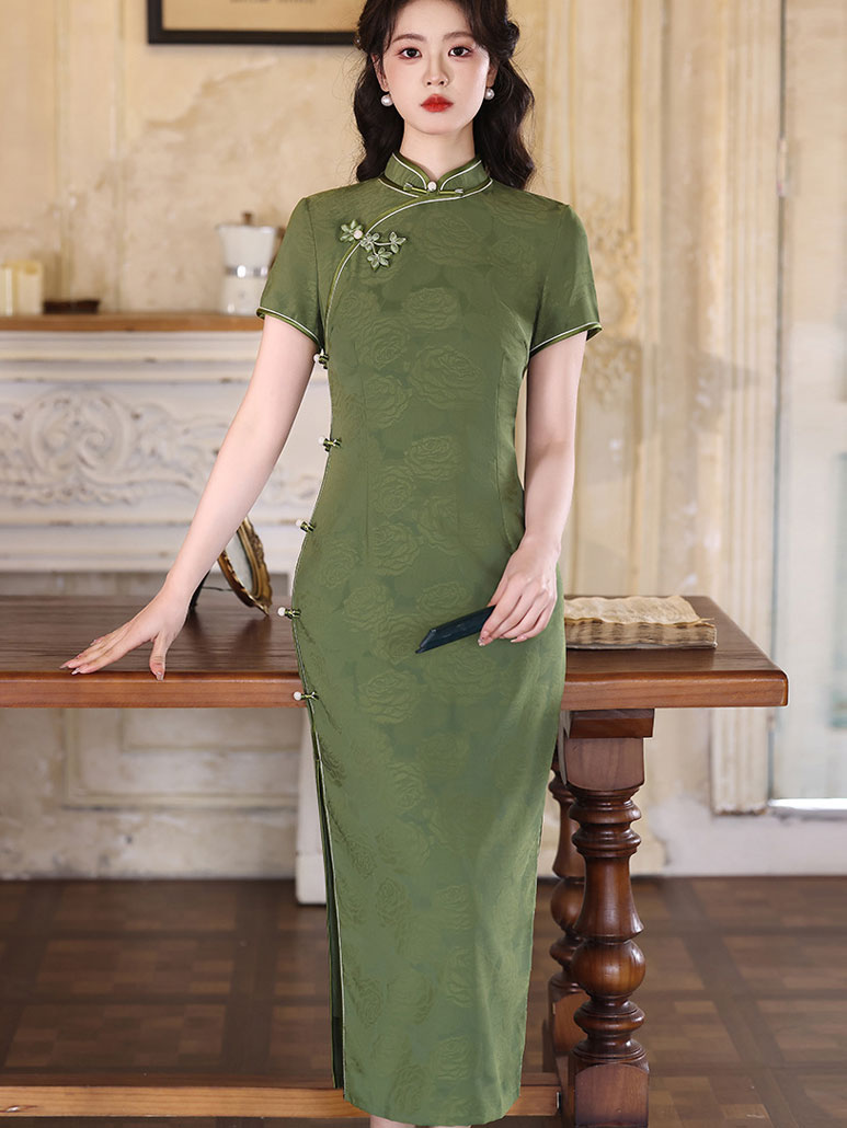 Green Red Floral Maxi Cheongsam Qipao Dress