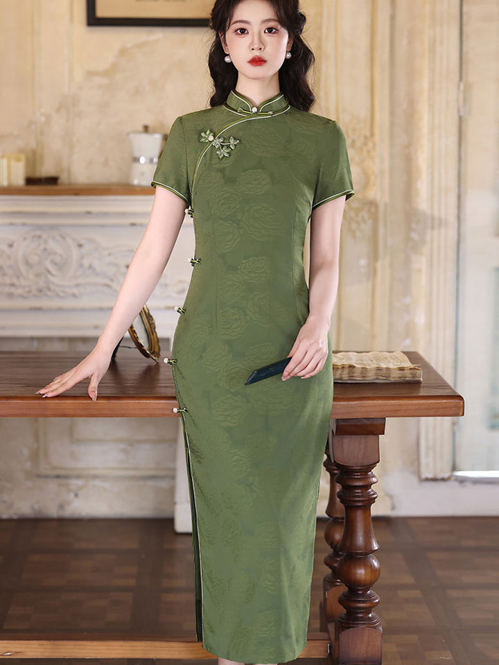 Green Red Floral Maxi Cheongsam Qipao Dress
