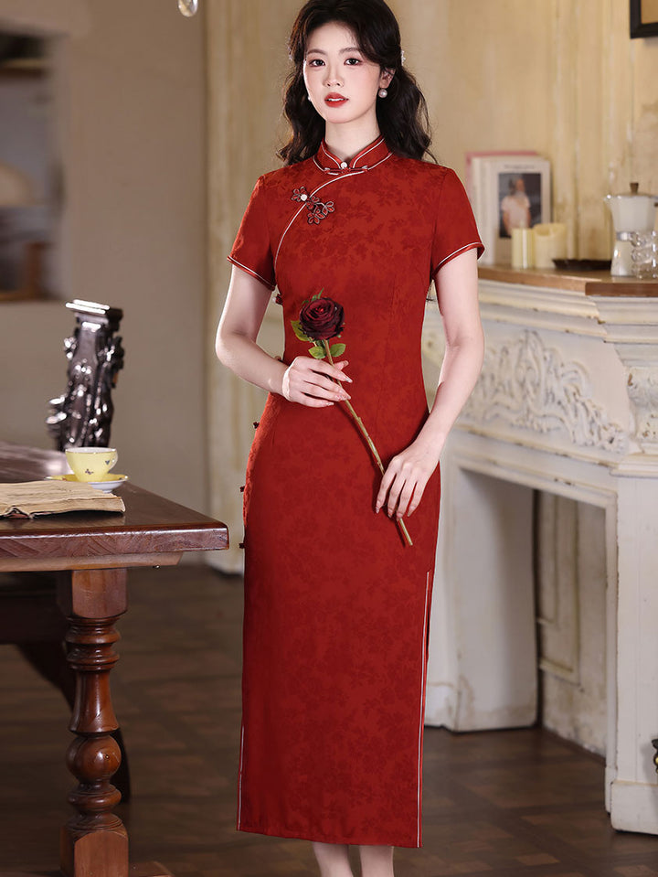 Green Red Floral Maxi Cheongsam Qipao Dress