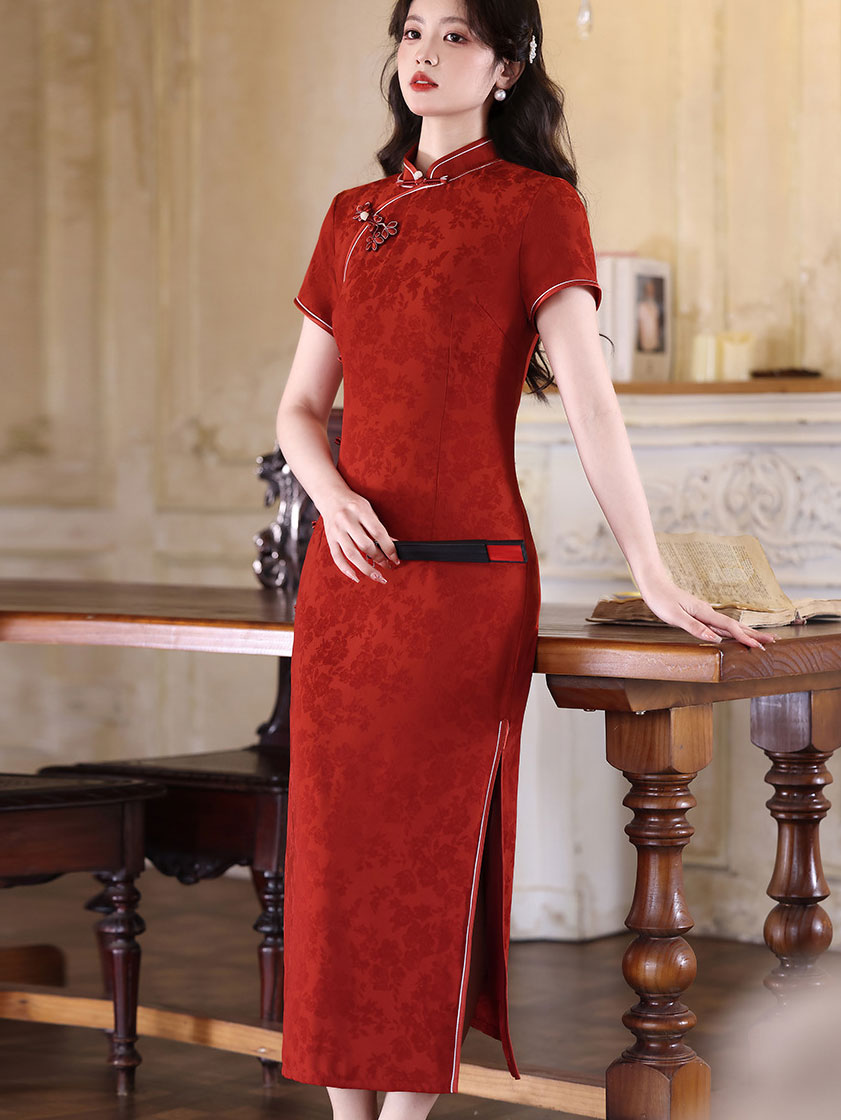 Green Red Floral Maxi Cheongsam Qipao Dress