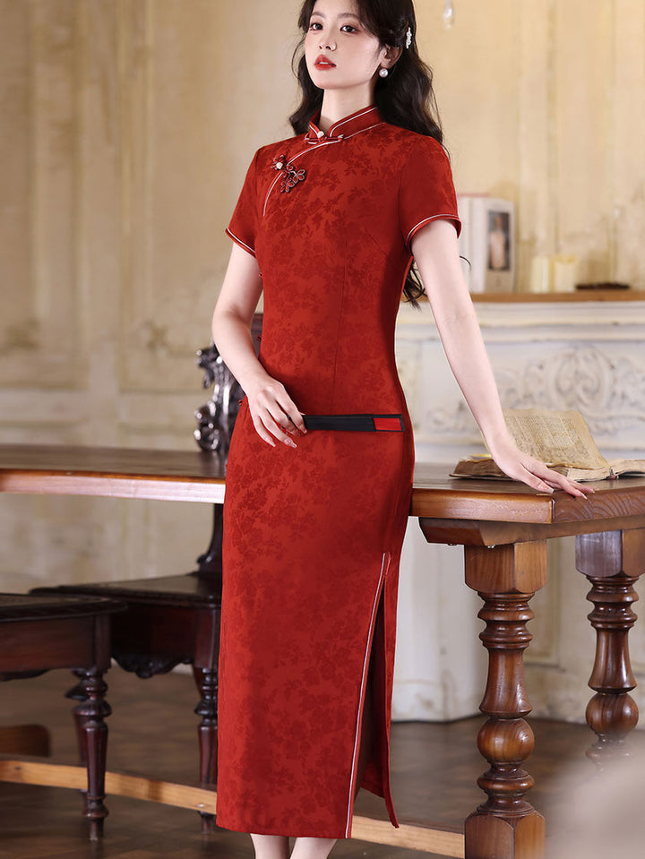 Green Red Floral Maxi Cheongsam Qipao Dress