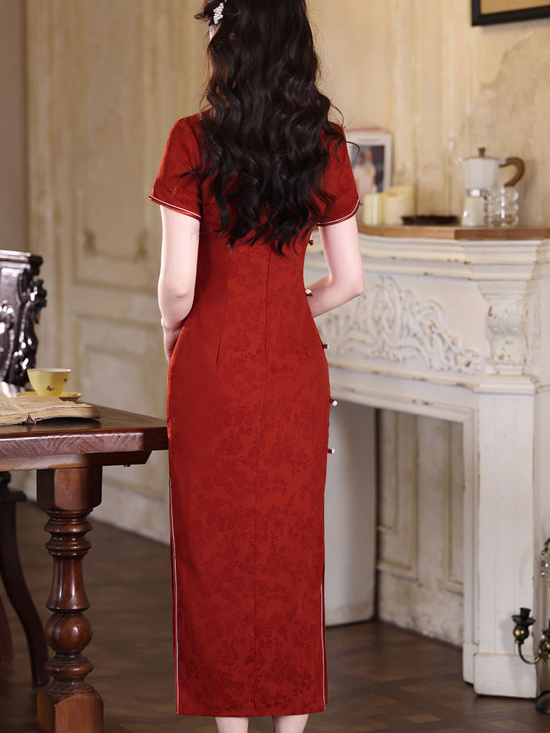 Green Red Floral Maxi Cheongsam Qipao Dress
