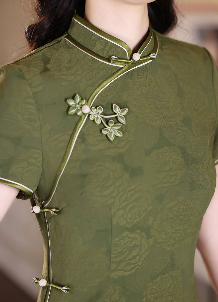 Green Red Floral Maxi Cheongsam Qipao Dress