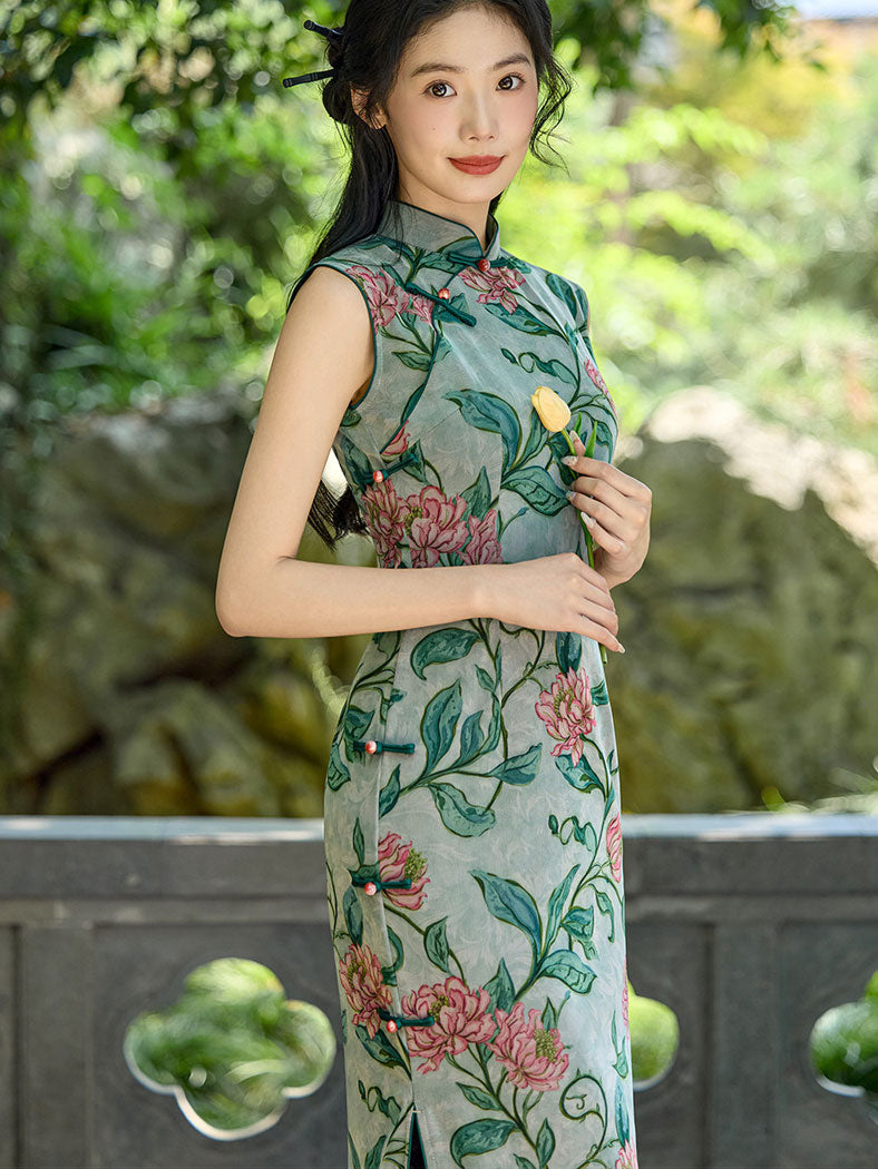 Vine Green Floral Print Maxi Cheongsam Qipao Dress