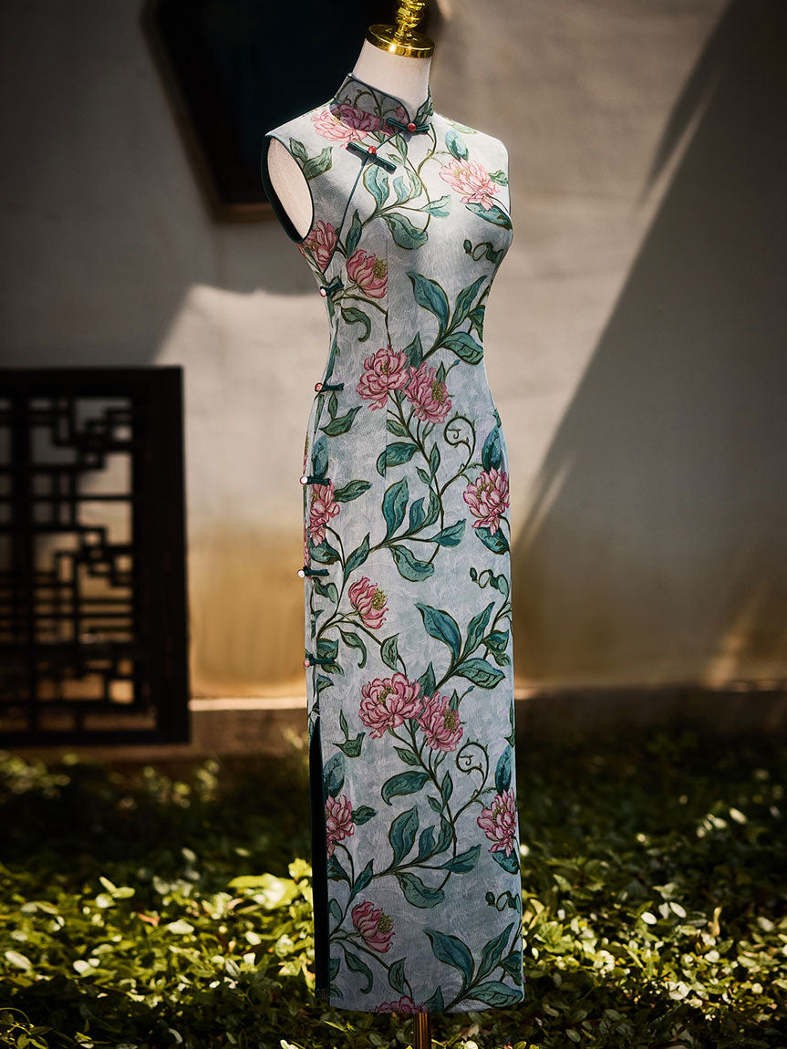 Vine Green Floral Print Maxi Cheongsam Qipao Dress