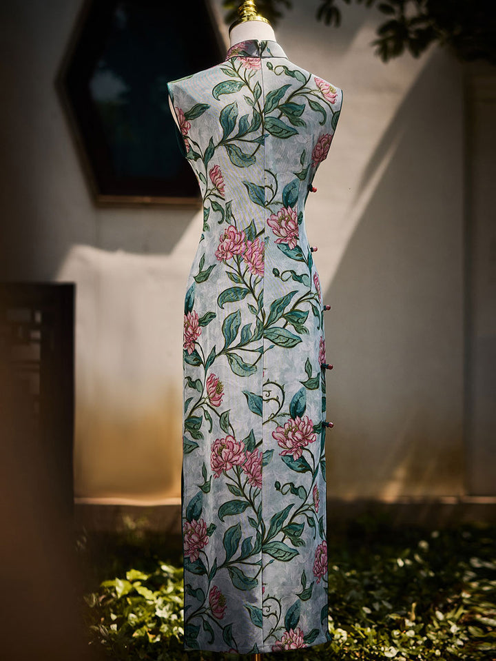 Vine Green Floral Print Maxi Cheongsam Qipao Dress