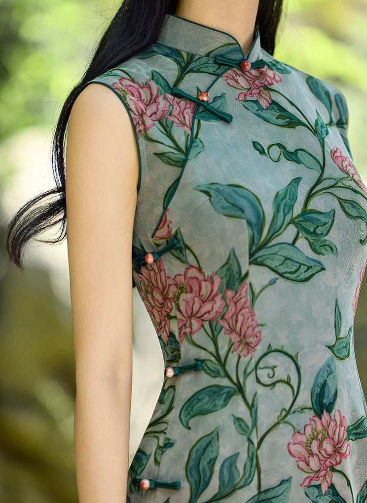 Vine Green Floral Print Maxi Cheongsam Qipao Dress