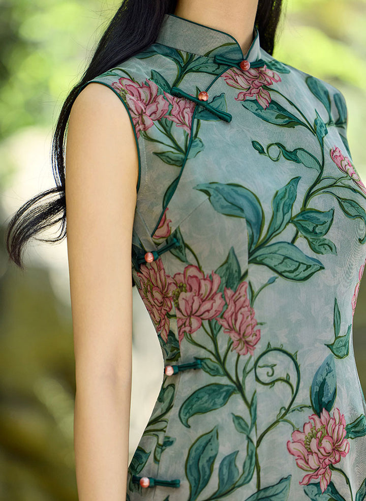 Vine Green Floral Print Maxi Cheongsam Qipao Dress