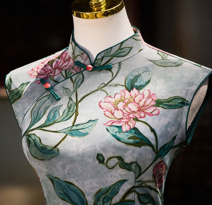 Vine Green Floral Print Maxi Cheongsam Qipao Dress