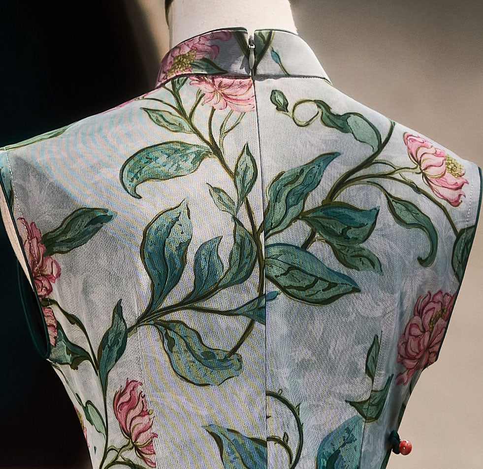 Vine Green Floral Print Maxi Cheongsam Qipao Dress