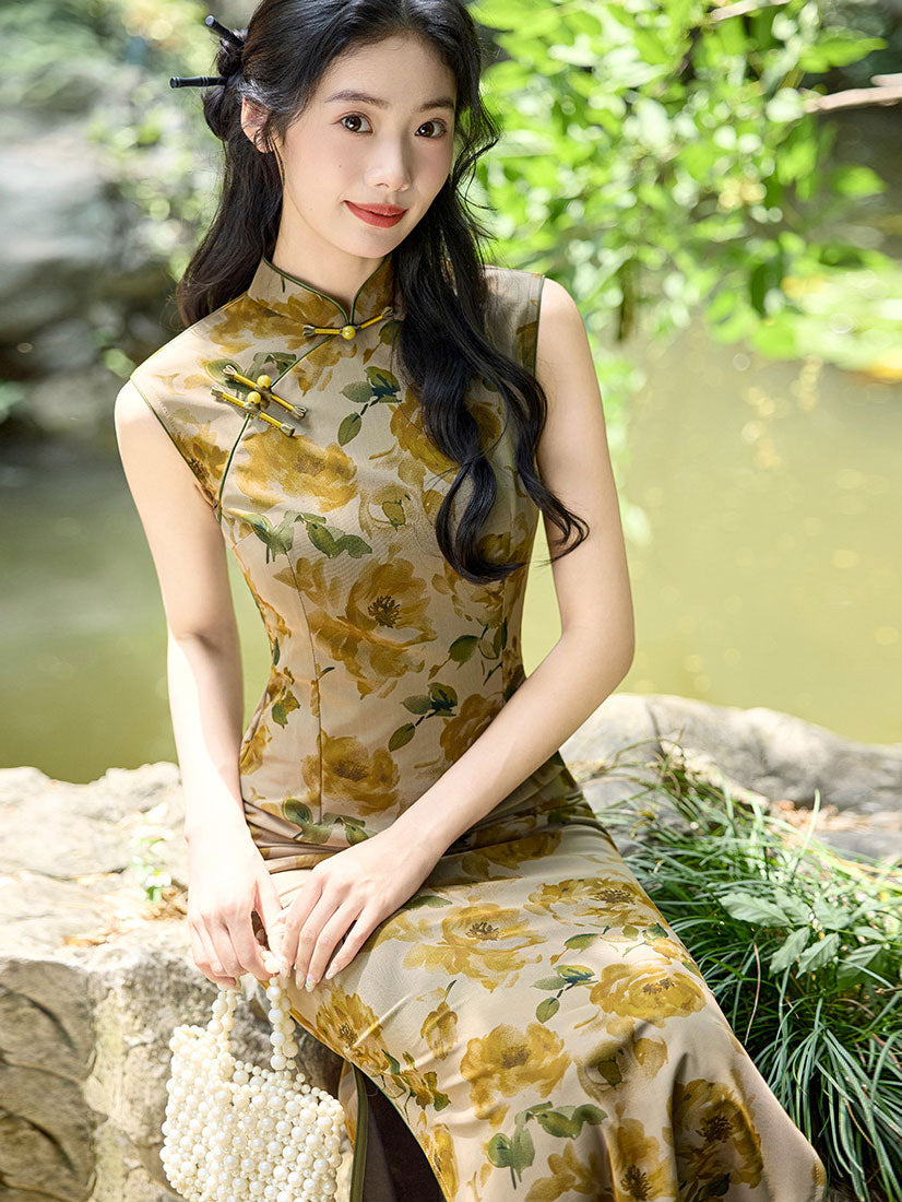 Wild Rose Print Maxi Cheongsam Qipao Dress