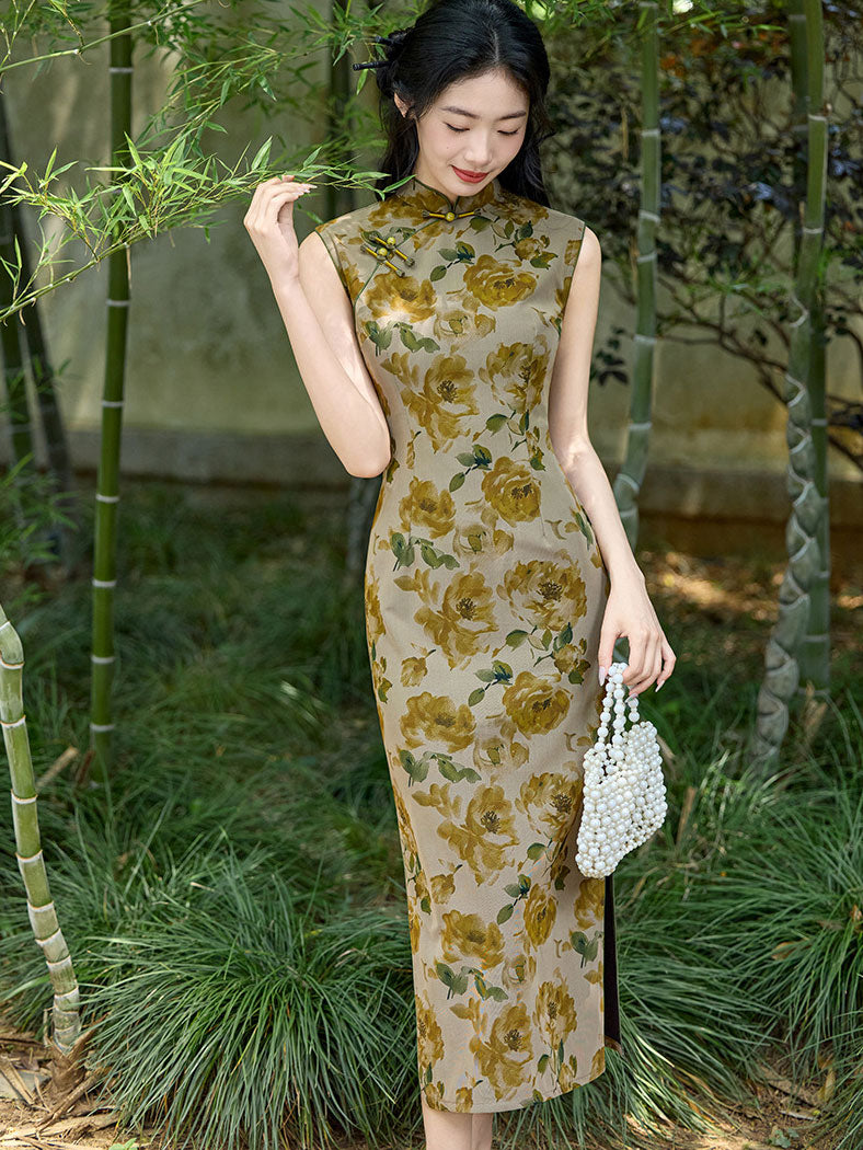 Wild Rose Print Maxi Cheongsam Qipao Dress