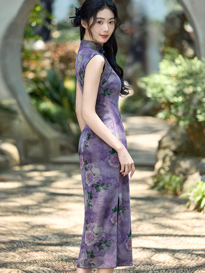 Purple Floral Print Long Cheongsam Qipao Dress