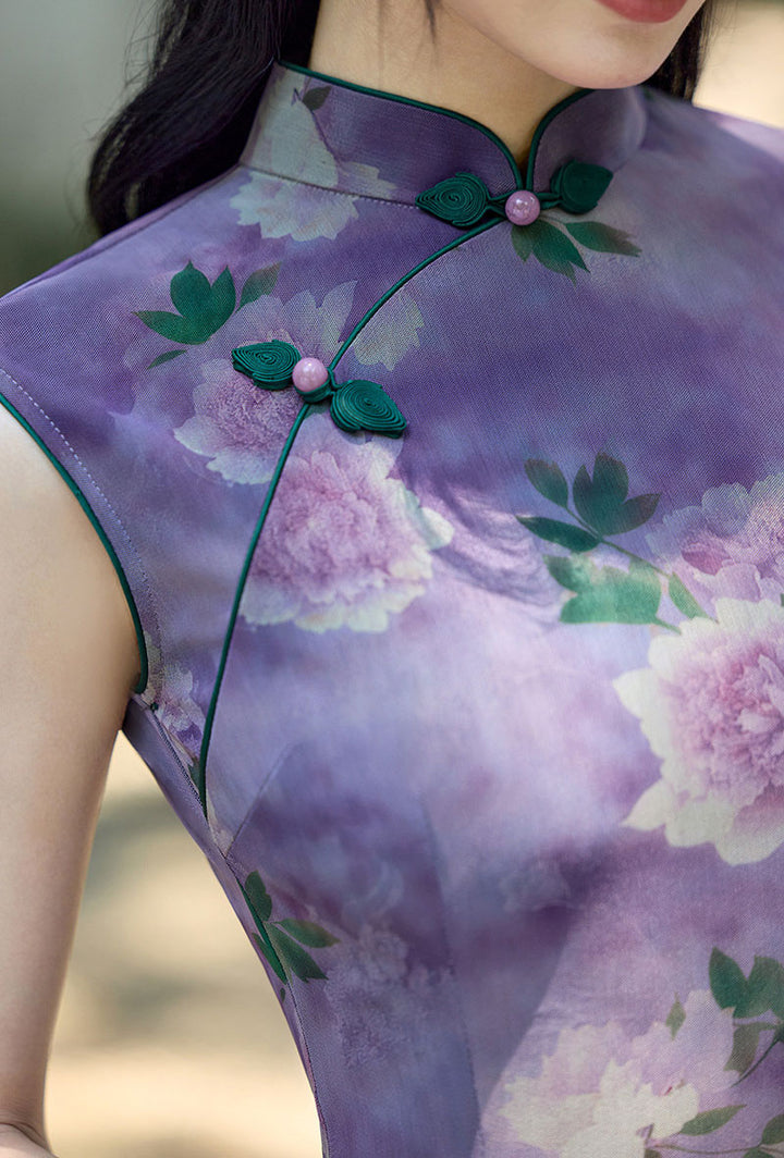 Purple Floral Print Long Cheongsam Qipao Dress