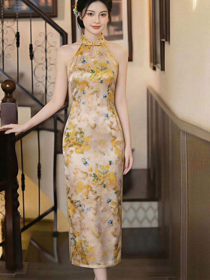 Yellow Floral Print Halter Cheongsam Qipao Dress