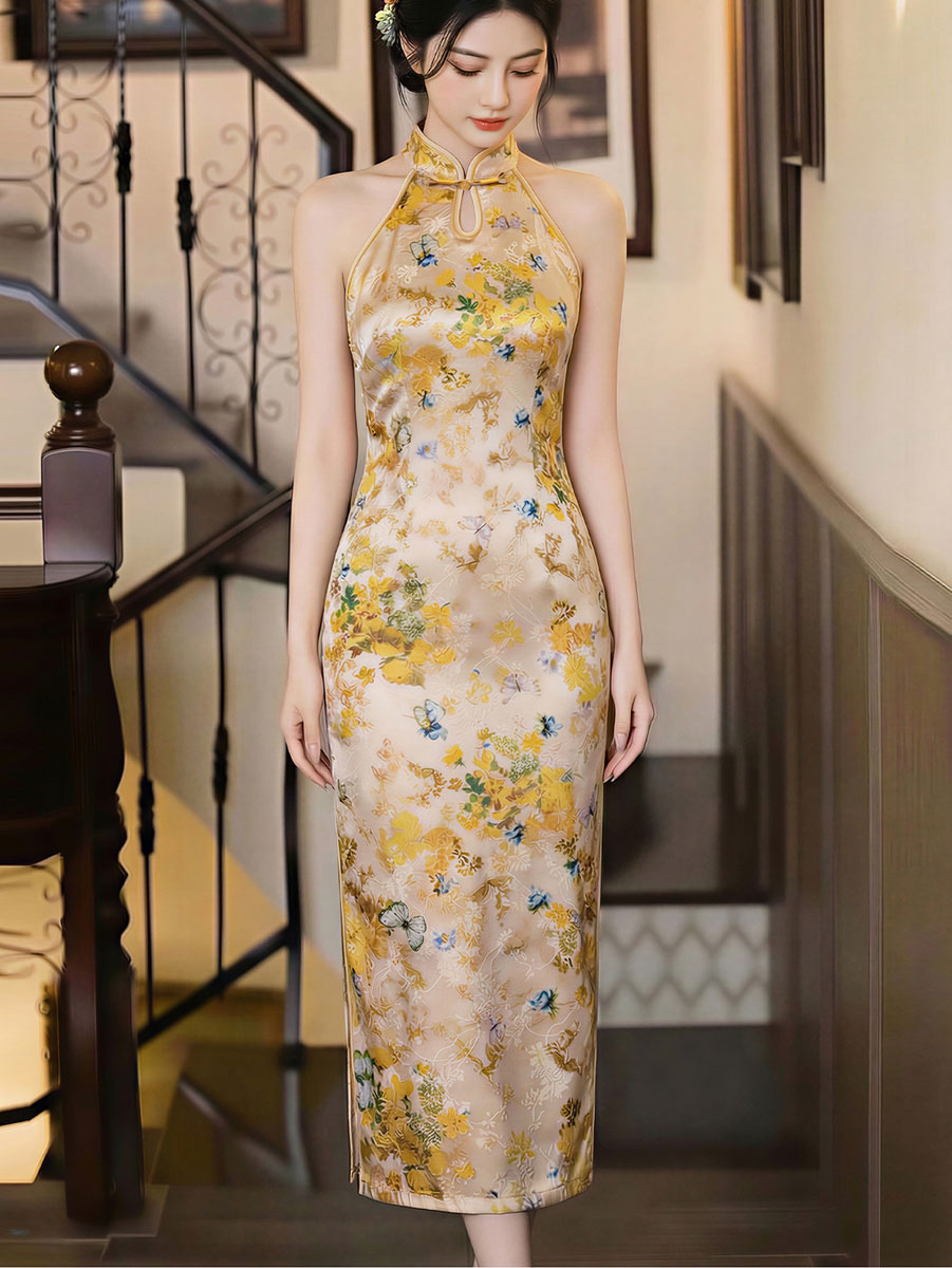 Yellow Floral Print Halter Cheongsam Qipao Dress