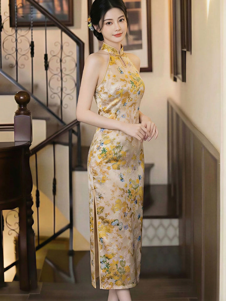 Yellow Floral Print Halter Cheongsam Qipao Dress