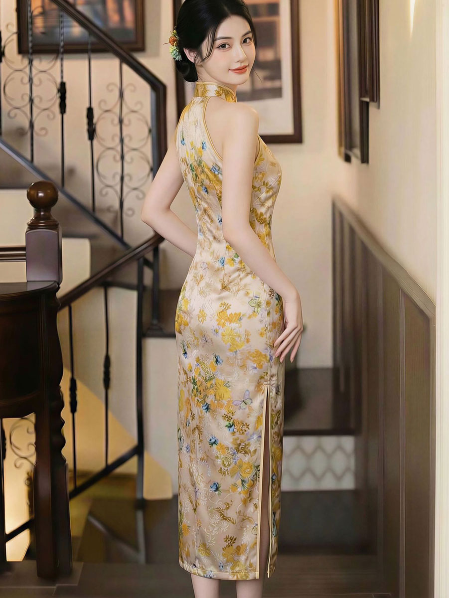Yellow Floral Print Halter Cheongsam Qipao Dress