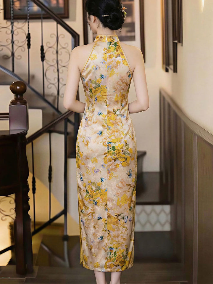 Yellow Floral Print Halter Cheongsam Qipao Dress
