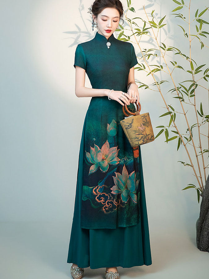 Dark Green Floral Print Plus Cheongsam Ao Dai Dress