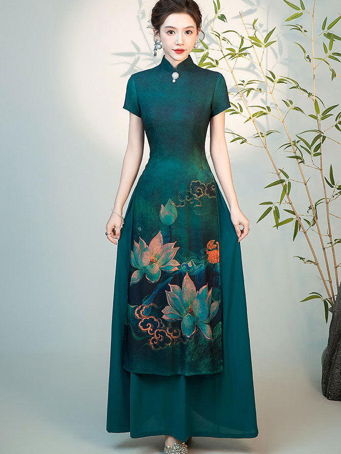 Dark Green Floral Print Plus Cheongsam Ao Dai Dress