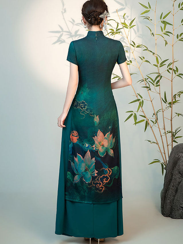 Dark Green Floral Print Plus Cheongsam Ao Dai Dress