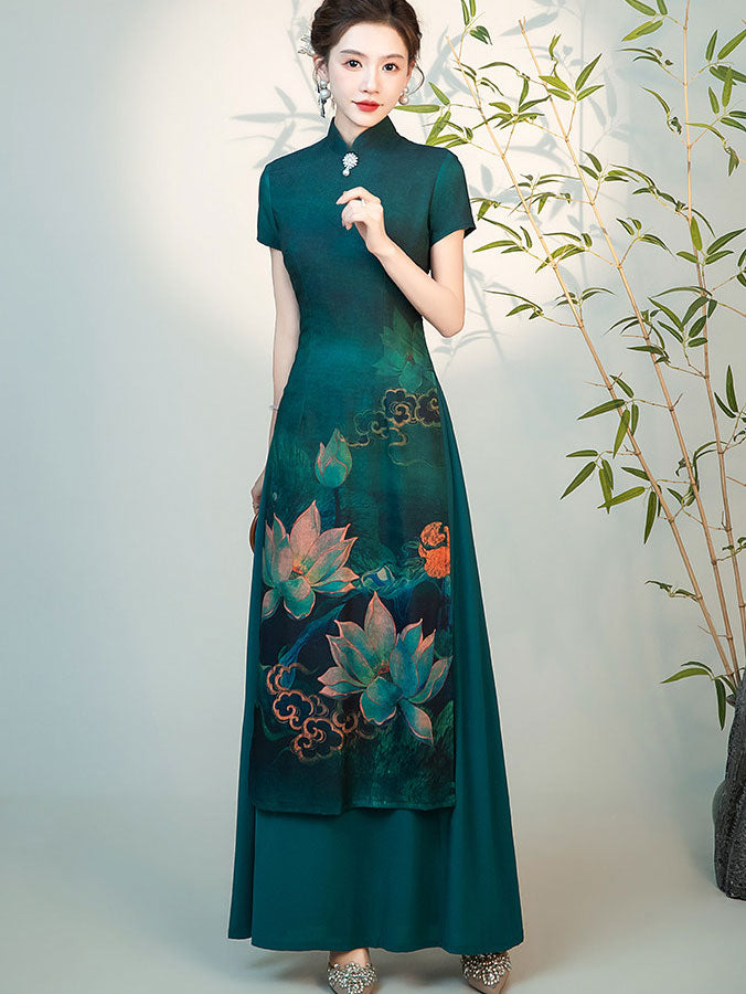 Dark Green Floral Print Plus Cheongsam Ao Dai Dress