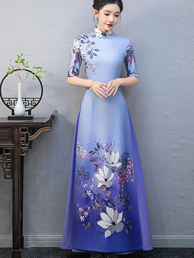 Dark Green Floral Print Plus Cheongsam Ao Dai Dress