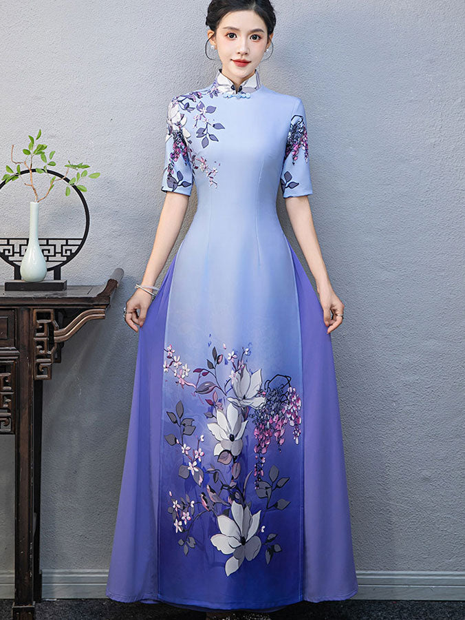 Dark Green Floral Print Plus Cheongsam Ao Dai Dress