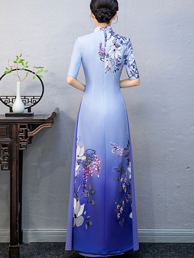 Dark Green Floral Print Plus Cheongsam Ao Dai Dress