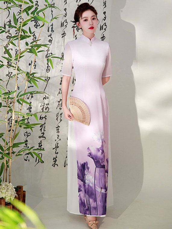 Purple Green Floral Print Mothers Cheongsam Ao Dai Dress