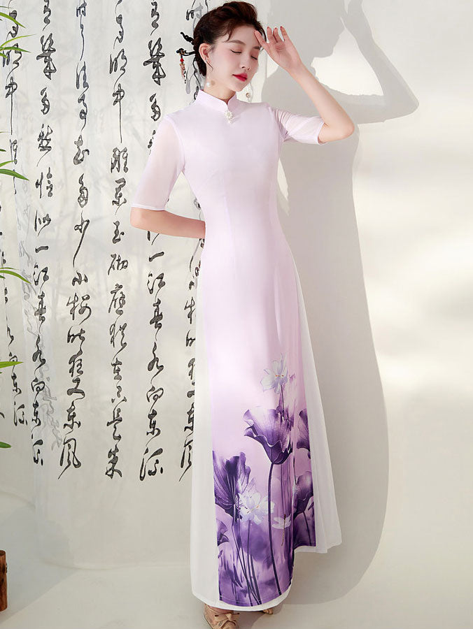 Purple Green Floral Print Mothers Cheongsam Ao Dai Dress