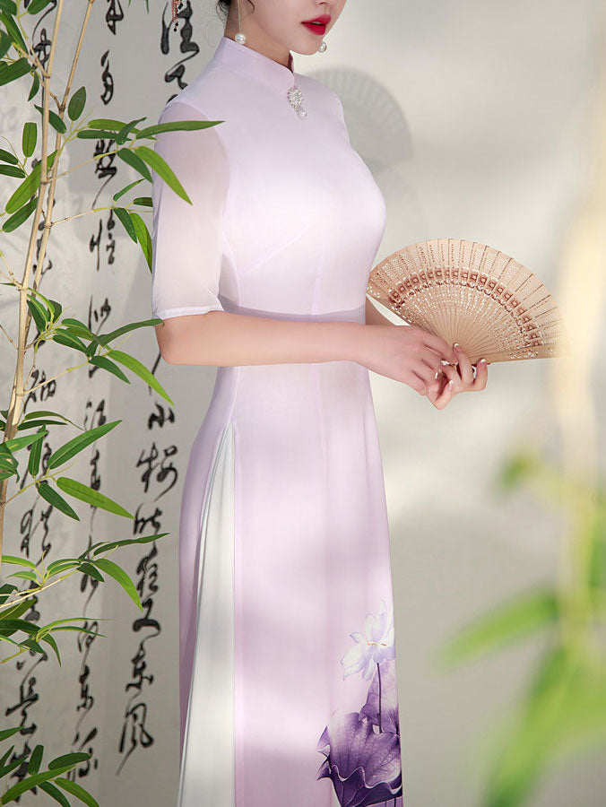 Purple Green Floral Print Mothers Cheongsam Ao Dai Dress