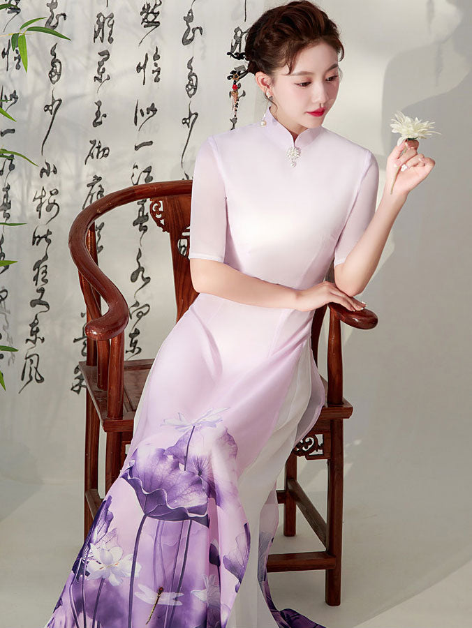 Purple Green Floral Print Mothers Cheongsam Ao Dai Dress