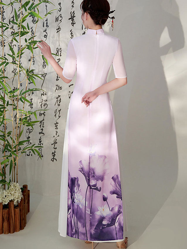 Purple Green Floral Print Mothers Cheongsam Ao Dai Dress
