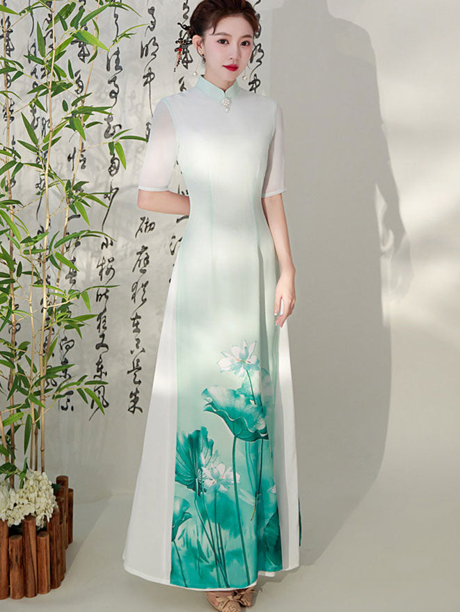 Purple Green Floral Print Mothers Cheongsam Ao Dai Dress