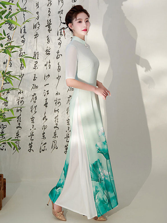 Purple Green Floral Print Mothers Cheongsam Ao Dai Dress