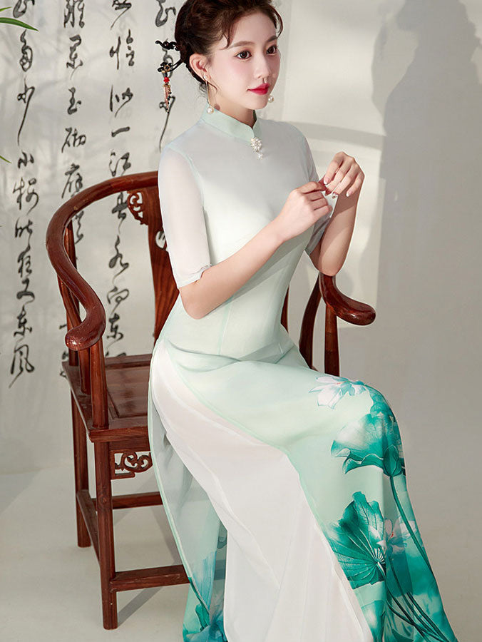Purple Green Floral Print Mothers Cheongsam Ao Dai Dress