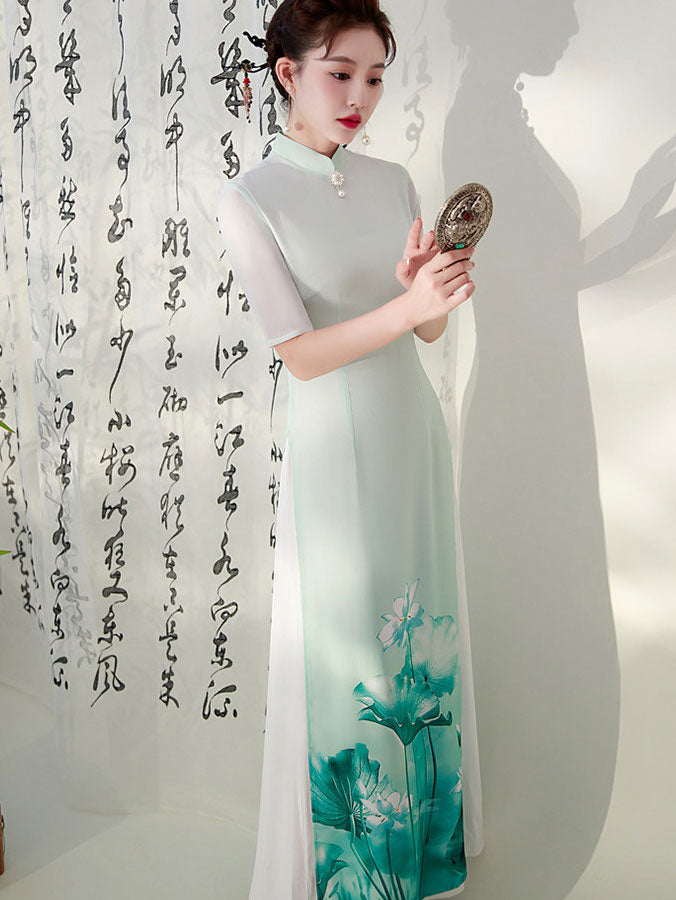 Purple Green Floral Print Mothers Cheongsam Ao Dai Dress