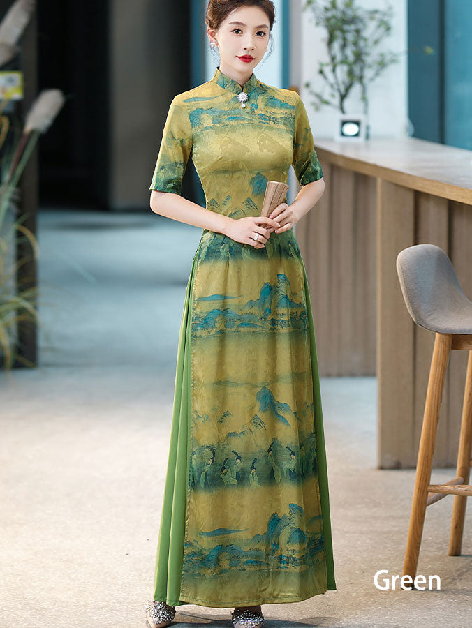 Vintage Chinese Painting Print Maxi Cheongsam Ao Dai Dress