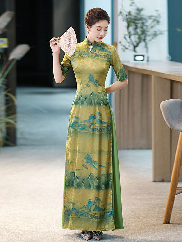 Vintage Chinese Painting Print Maxi Cheongsam Ao Dai Dress