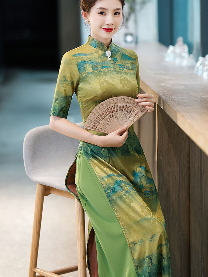 Vintage Chinese Painting Print Maxi Cheongsam Ao Dai Dress