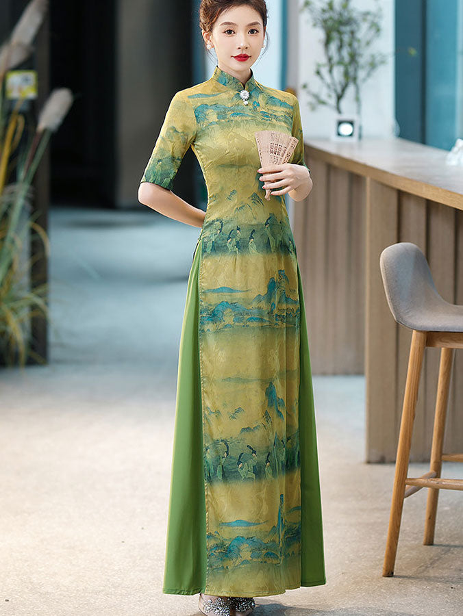 Vintage Chinese Painting Print Maxi Cheongsam Ao Dai Dress