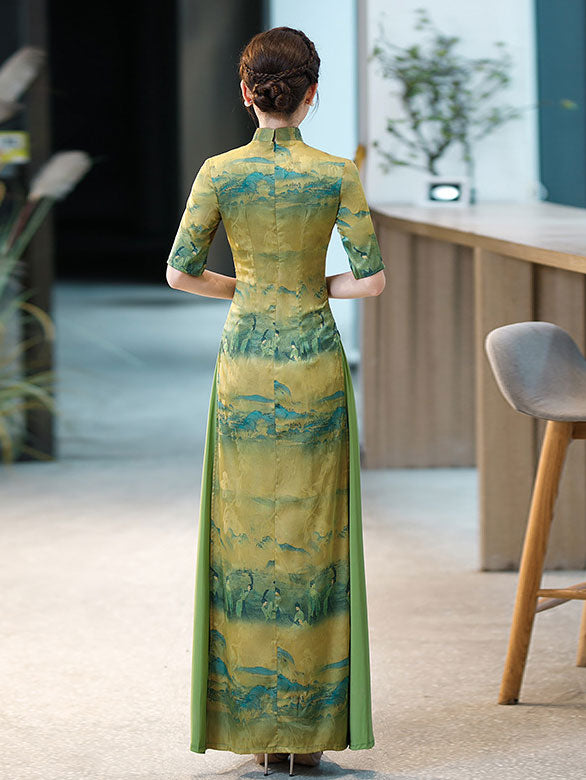 Vintage Chinese Painting Print Maxi Cheongsam Ao Dai Dress