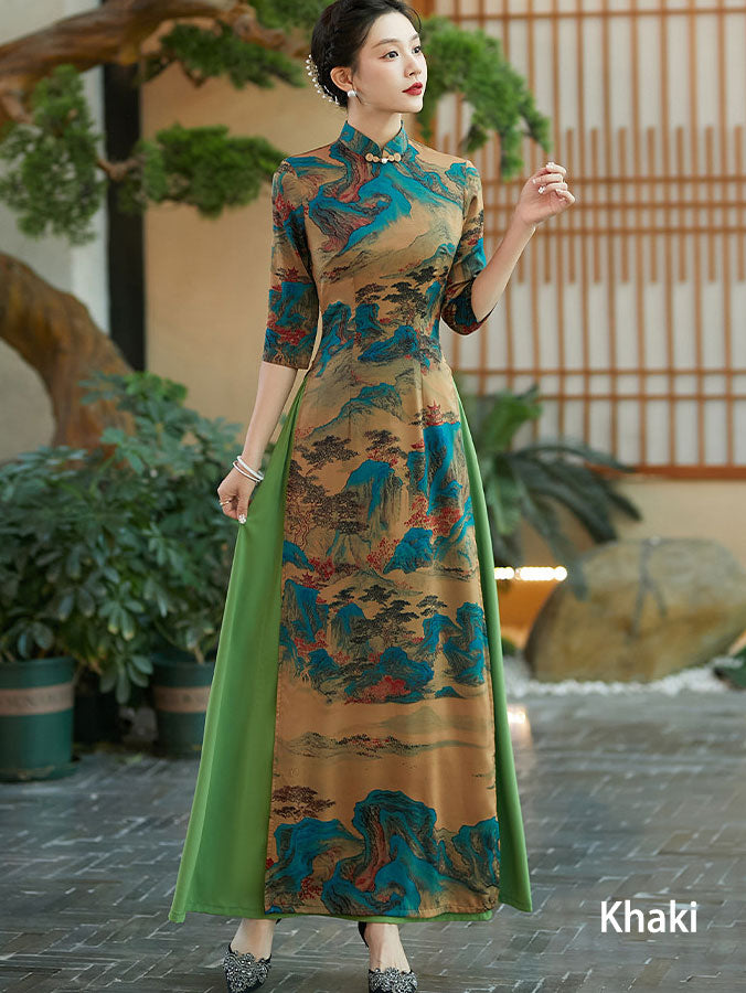 Vintage Chinese Painting Print Maxi Cheongsam Ao Dai Dress