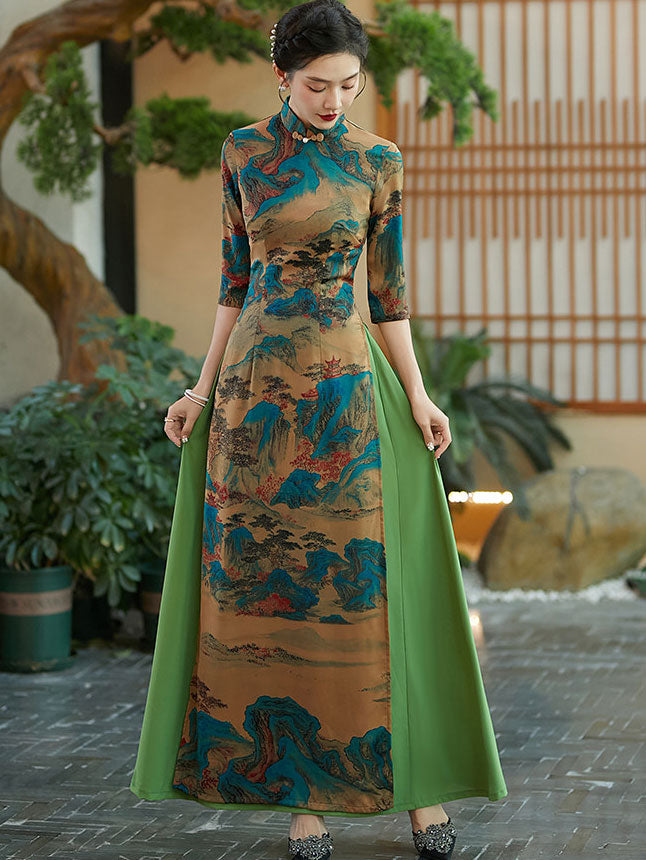 Vintage Chinese Painting Print Maxi Cheongsam Ao Dai Dress