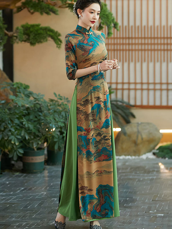 Vintage Chinese Painting Print Maxi Cheongsam Ao Dai Dress