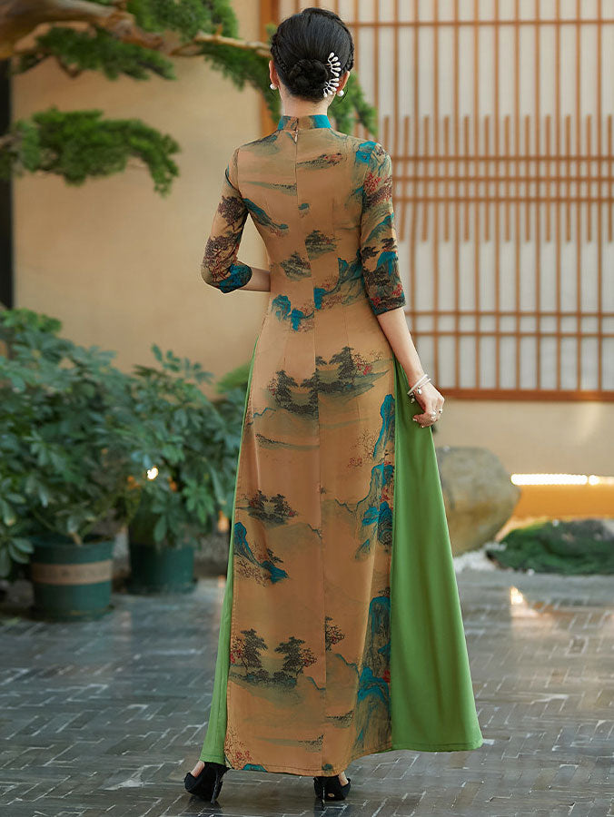 Vintage Chinese Painting Print Maxi Cheongsam Ao Dai Dress