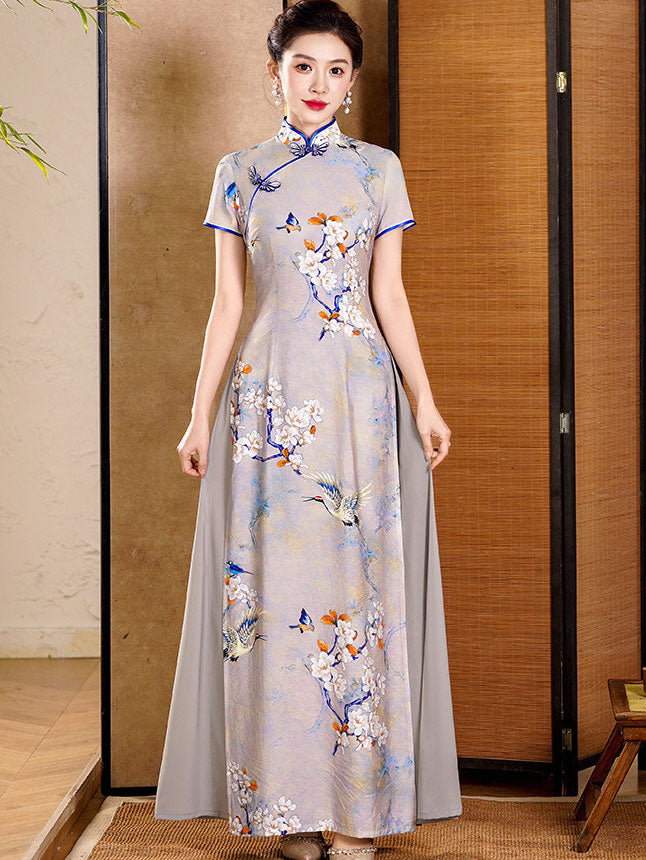 Gray Floral Print Mothers Maxi Cheongsam Ao Dai Dress